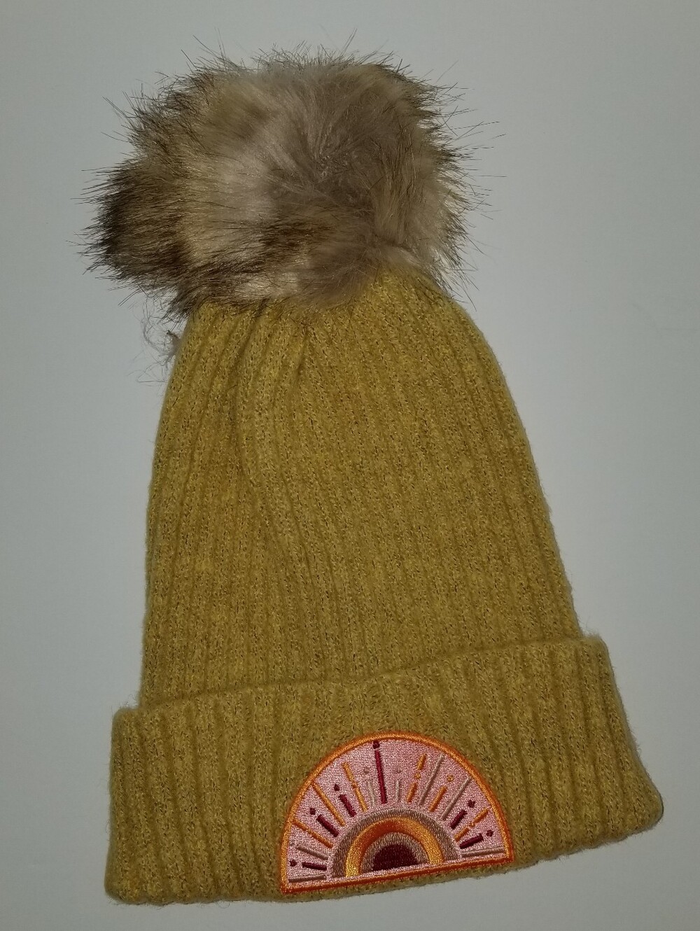 Virginia Wolf Beanie Cap Hat Heather Mustard Sunburst Design Poof Top